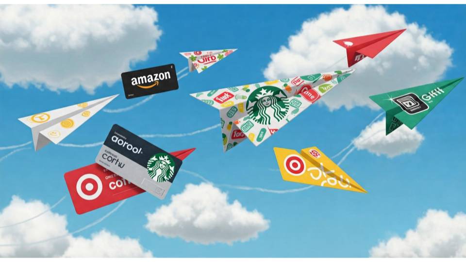 A creative illustration of open-loop and closed-loop gift cards, including Amazon, Starbucks, and Target, depicted as paper airplanes flying through the sky. The image represents the versatility of open-loop cards, which can be used anywhere, and the brand-specific nature of closed-loop cards, which encourage customer loyalty.